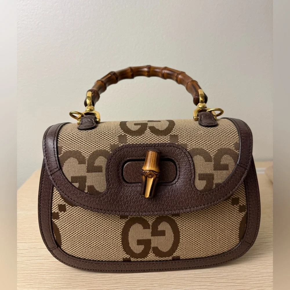 Gucci Brown Tan GG Canvas Bamboo Top Handle Shoulder Bag with Green Red Strap